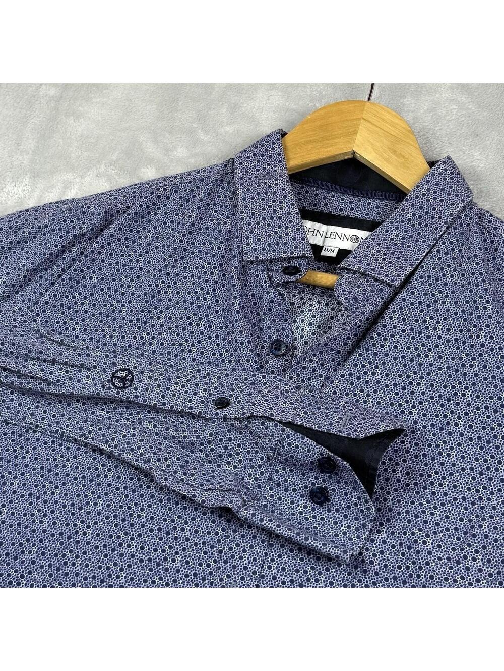 John Lennon Circle Print Button Up Shirt Blue Geometric Cotton Mens M Peace Logo